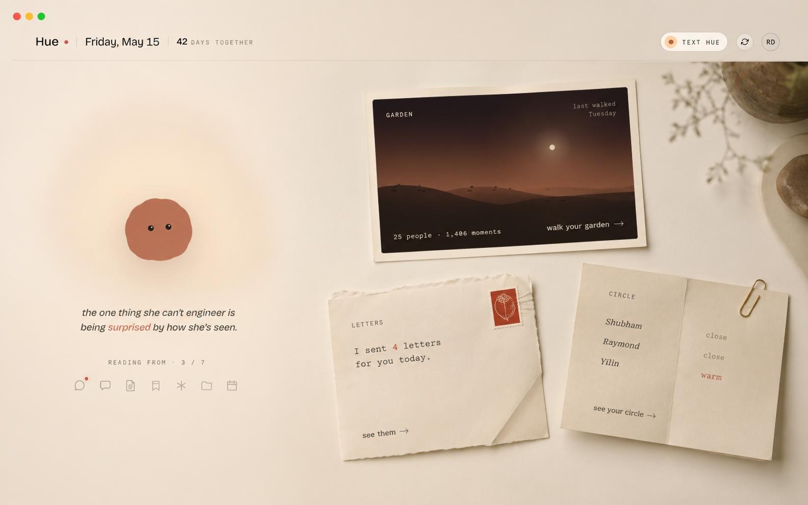 A warm desk-like Hue app showing 42 days together