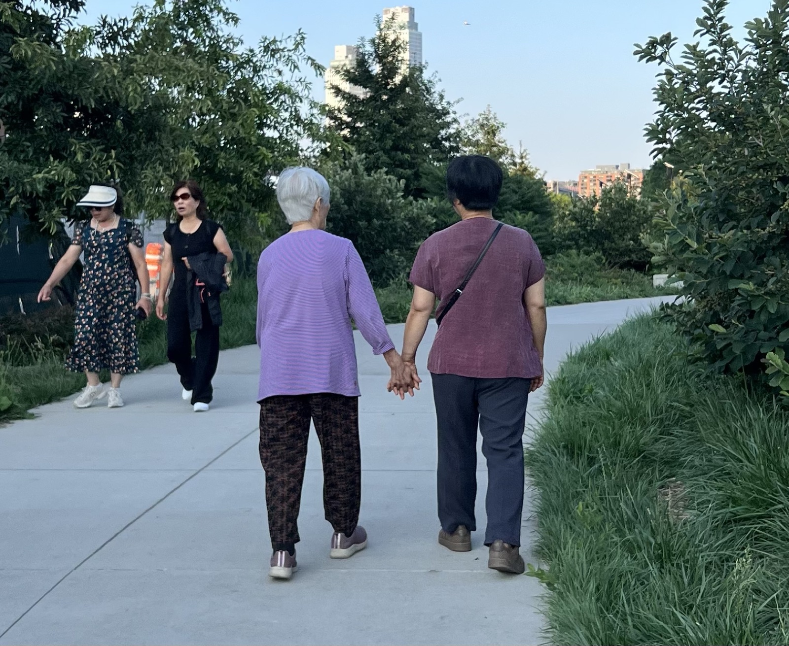 Two women on an evening walk in the park, ahead of everyone, holding hands
