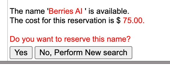Berries AI company-name reservation, available for 75 dollars