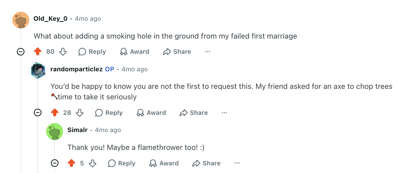Reddit thread requesting a smoking hole, an axe, and a flamethrower for difficult memories