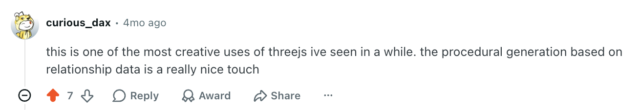 Reddit comment: one of the most creative uses of Three.js I've seen in a while — the procedural generation from relationship data is a really nice touch