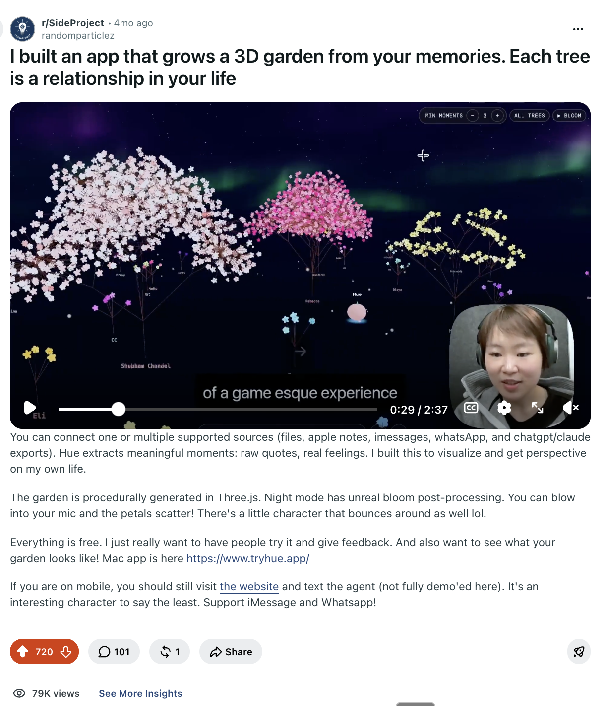 The Reddit post: I built an app that grows a 3D garden from your memories, each tree is a relationship in your life — 720 upvotes, 101 comments, 79,000 views