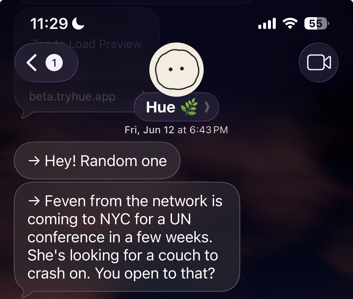 On June 12, Hue asks whether Feven, coming to New York for a UN conference, can sleep on the couch
