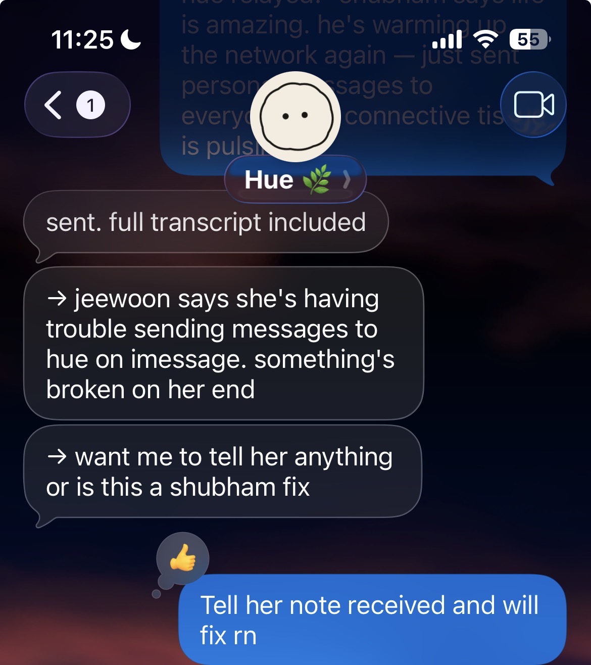 Hue relays a bug report: jeewoon says she's having trouble sending messages to hue on iMessage — want me to tell her anything, or is this a shubham fix